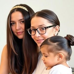 A mother with very long, silky, flowing hair that is not tied, wearing a headband in her hair