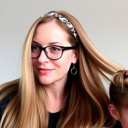 A mother with very long, silky, flowing hair that is not tied, wearing a headband in her hair