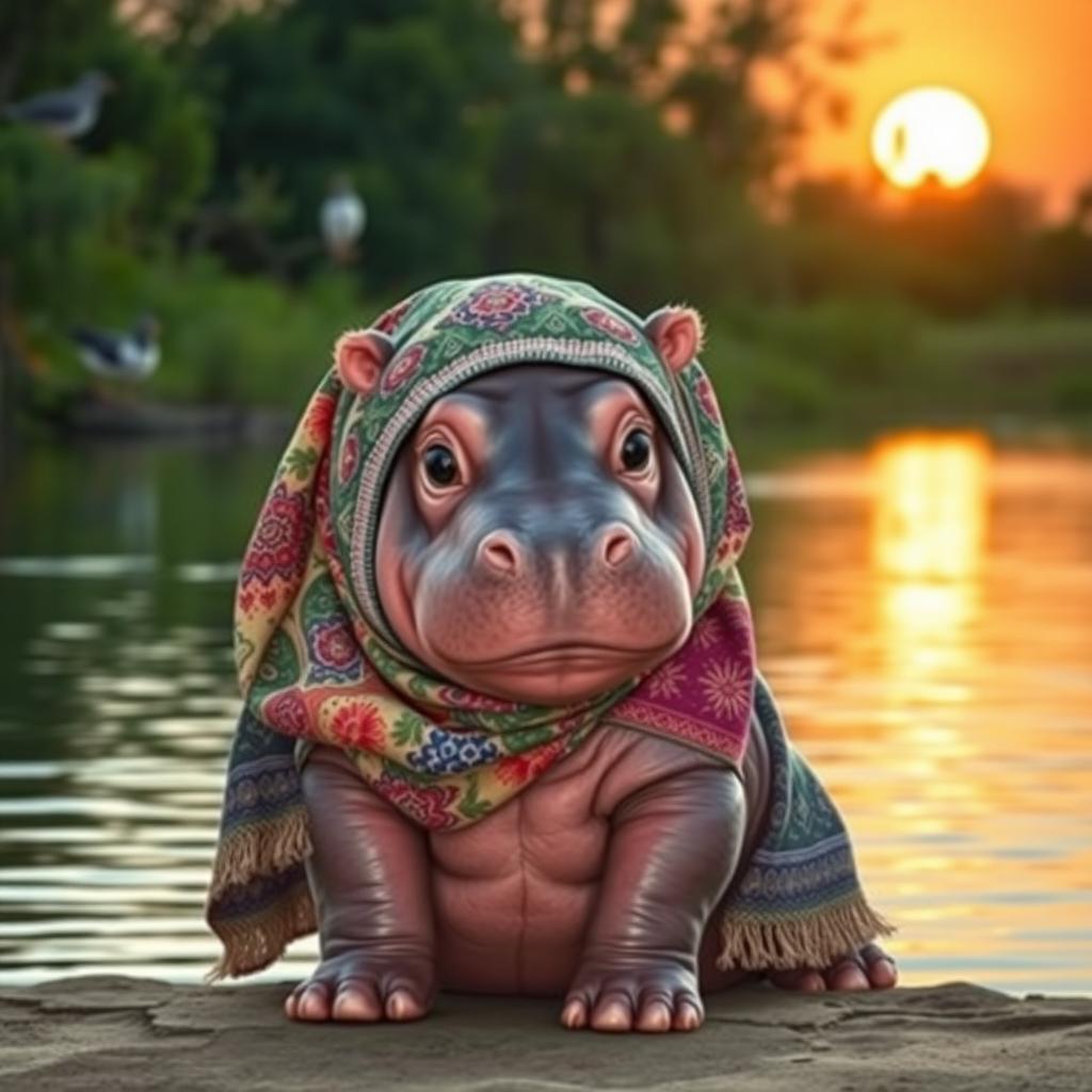 A charming baby hippo wearing an intricate and colorful hijab, sitting by a tranquil lakeside