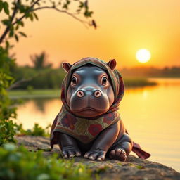 A charming baby hippo wearing an intricate and colorful hijab, sitting by a tranquil lakeside