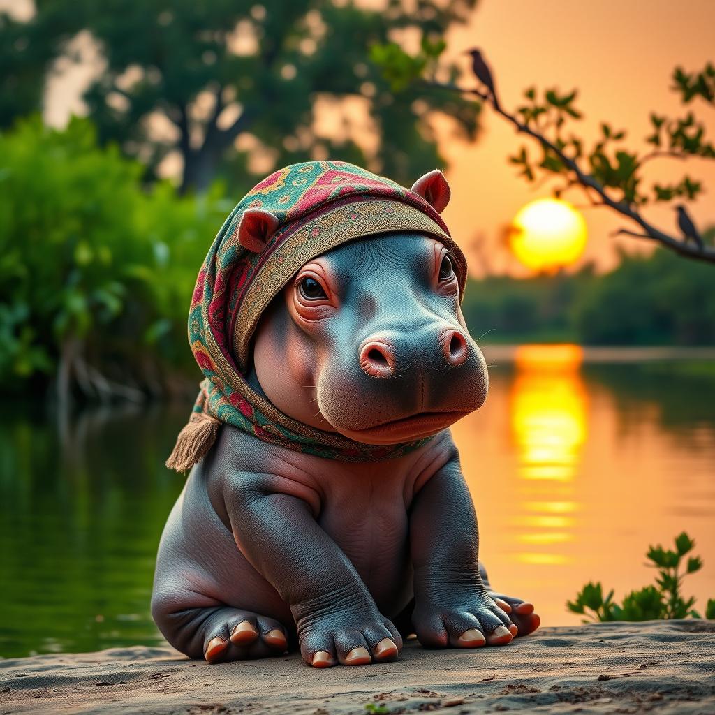 A charming baby hippo wearing an intricate and colorful hijab, sitting by a tranquil lakeside