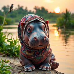 A charming baby hippo wearing an intricate and colorful hijab, sitting by a tranquil lakeside