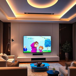 A modern living room showcasing a sleek, large-screen television displaying a colorful scene from Masha and the Bear, a popular Russian children's cartoon series on YouTube