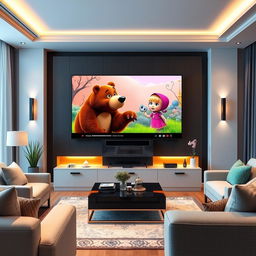 A modern living room showcasing a sleek, large-screen television displaying a colorful scene from Masha and the Bear, a popular Russian children's cartoon series on YouTube