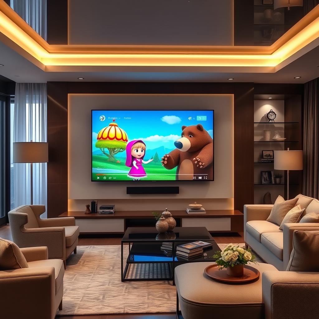 A modern living room showcasing a sleek, large-screen television displaying a colorful scene from Masha and the Bear, a popular Russian children's cartoon series on YouTube