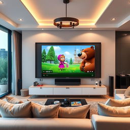 A modern living room showcasing a sleek, large-screen television displaying a colorful scene from Masha and the Bear, a popular Russian children's cartoon series on YouTube