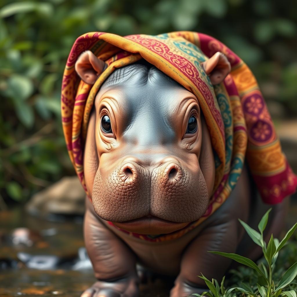 A cute baby hippo wearing a colorful hijab, showcasing its large, innocent eyes and endearing smile