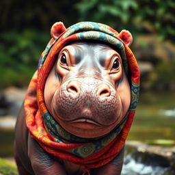 A cute baby hippo wearing a colorful hijab, showcasing its large, innocent eyes and endearing smile