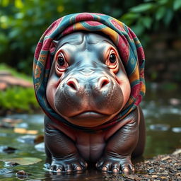 A cute baby hippo wearing a colorful hijab, showcasing its large, innocent eyes and endearing smile