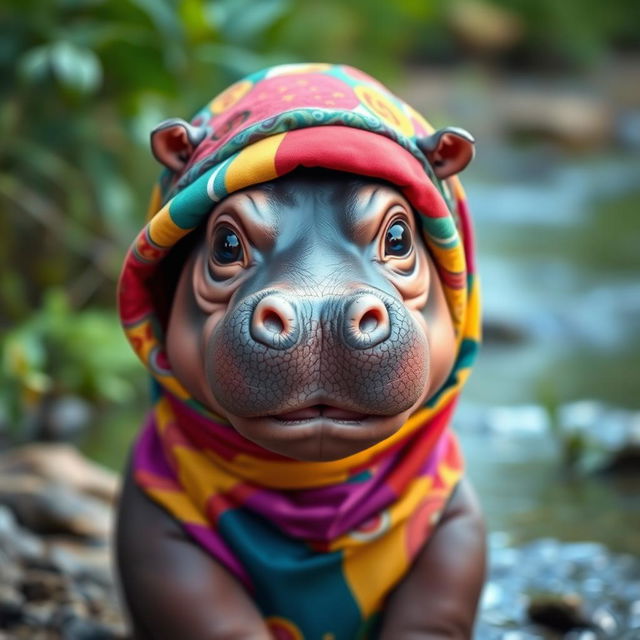 A cute baby hippo wearing a colorful hijab, showcasing its large, innocent eyes and endearing smile