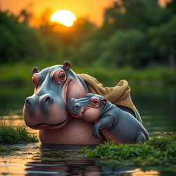 A mother hippo and her baby, both embracing a Muslim theme