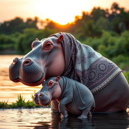 A mother hippo and her baby, both embracing a Muslim theme