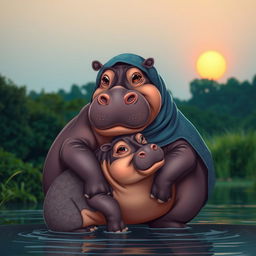 A mother hippo and her baby, both embracing a Muslim theme