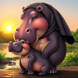 A mother hippo and her baby, both embracing a Muslim theme