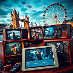 A collection of Harry Potter-themed objects, including vintage televisions broadcasting scenes from the magical world of Harry Potter, set against a backdrop of iconic London landmarks such as the Tower Bridge and the London Eye