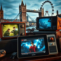 A collection of Harry Potter-themed objects, including vintage televisions broadcasting scenes from the magical world of Harry Potter, set against a backdrop of iconic London landmarks such as the Tower Bridge and the London Eye