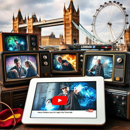 A collection of Harry Potter-themed objects, including vintage televisions broadcasting scenes from the magical world of Harry Potter, set against a backdrop of iconic London landmarks such as the Tower Bridge and the London Eye