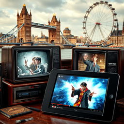 A collection of Harry Potter-themed objects, including vintage televisions broadcasting scenes from the magical world of Harry Potter, set against a backdrop of iconic London landmarks such as the Tower Bridge and the London Eye