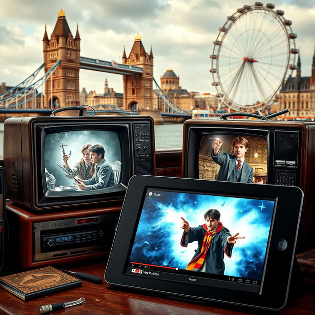 A collection of Harry Potter-themed objects, including vintage televisions broadcasting scenes from the magical world of Harry Potter, set against a backdrop of iconic London landmarks such as the Tower Bridge and the London Eye