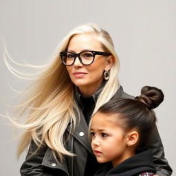 A mother with very long flowing hair, wearing a stylish jacket, and wearing sporty glasses with circle-shaped earrings