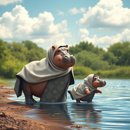 A mother hippopotamus and her child wearing traditional Muslim attire