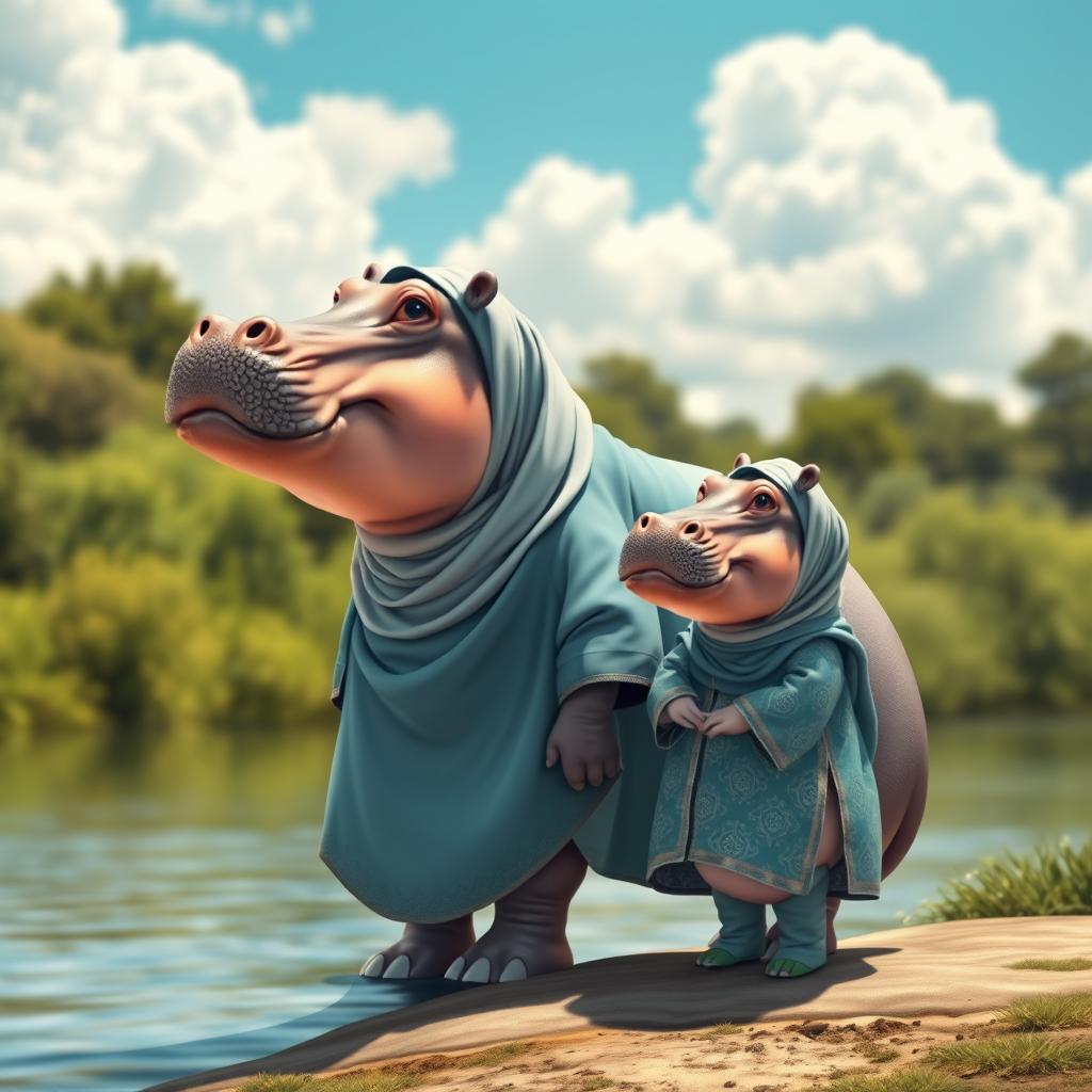 A mother hippopotamus and her child wearing traditional Muslim attire