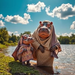 A mother hippopotamus and her child wearing traditional Muslim attire