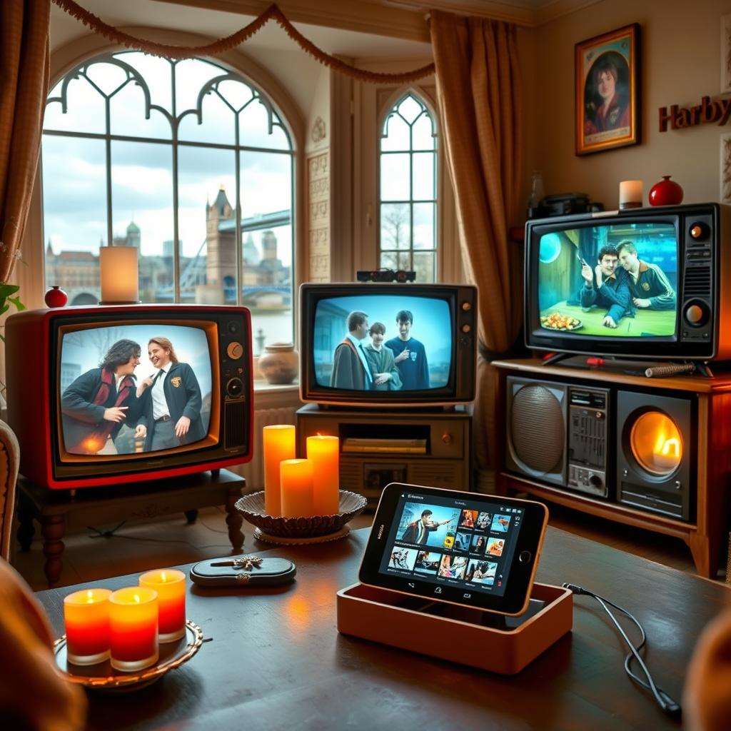 A whimsical scene featuring vintage televisions displaying Harry Potter movie scenes, set in a quaint London living room with a view of the London skyline through the window, including landmarks like the Tower Bridge