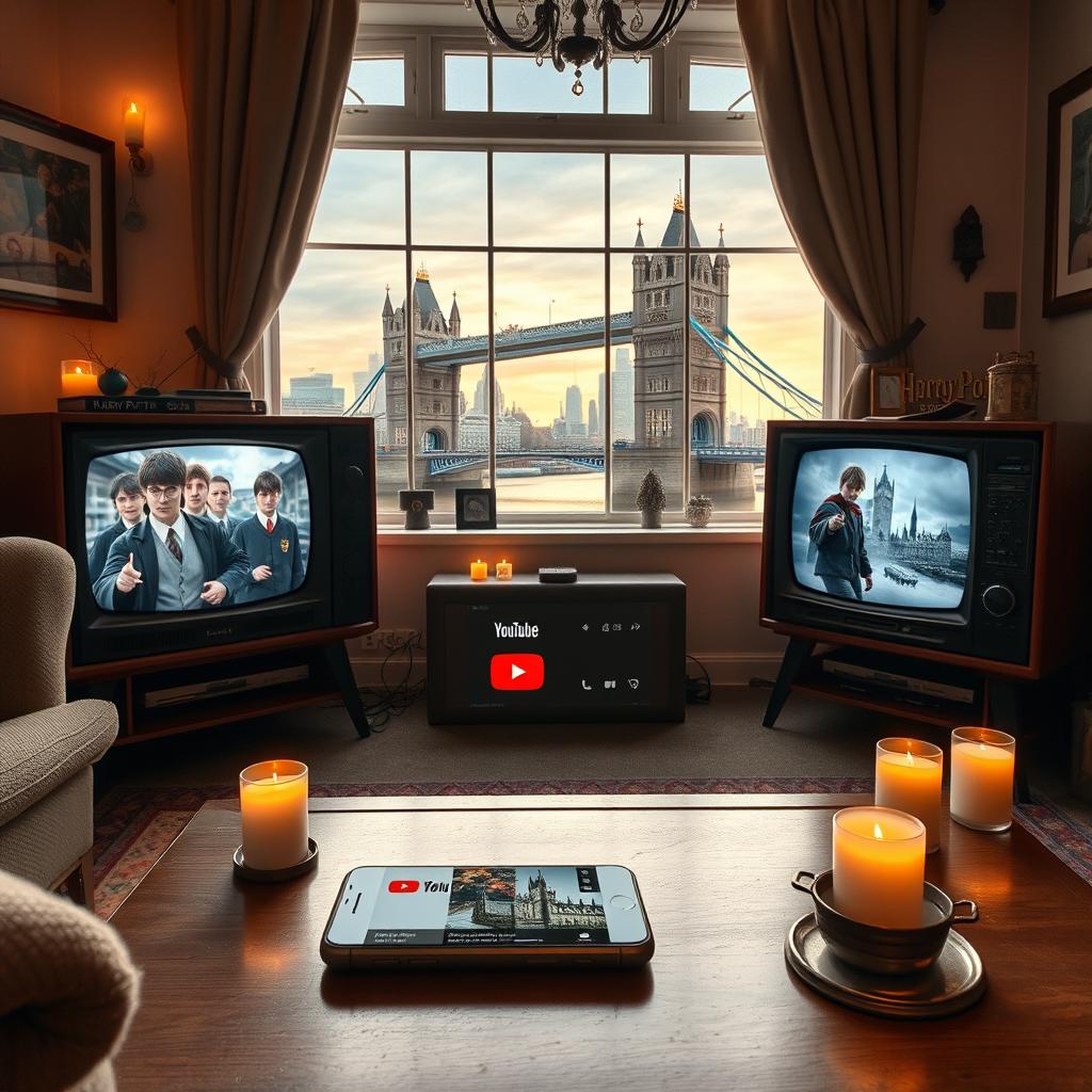 A whimsical scene featuring vintage televisions displaying Harry Potter movie scenes, set in a quaint London living room with a view of the London skyline through the window, including landmarks like the Tower Bridge