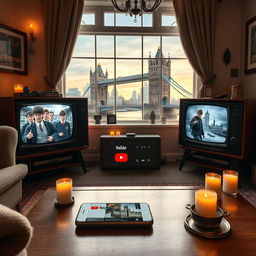 A whimsical scene featuring vintage televisions displaying Harry Potter movie scenes, set in a quaint London living room with a view of the London skyline through the window, including landmarks like the Tower Bridge