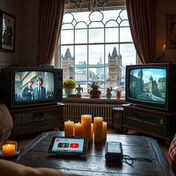 A whimsical scene featuring vintage televisions displaying Harry Potter movie scenes, set in a quaint London living room with a view of the London skyline through the window, including landmarks like the Tower Bridge