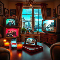 A whimsical scene featuring vintage televisions displaying Harry Potter movie scenes, set in a quaint London living room with a view of the London skyline through the window, including landmarks like the Tower Bridge