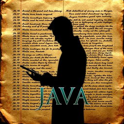 A captivating book cover featuring an ancient manuscript with Java script as the background