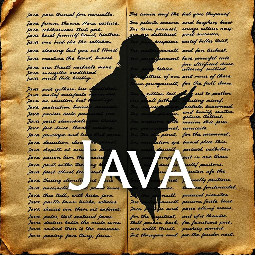 A captivating book cover featuring an ancient manuscript with Java script as the background