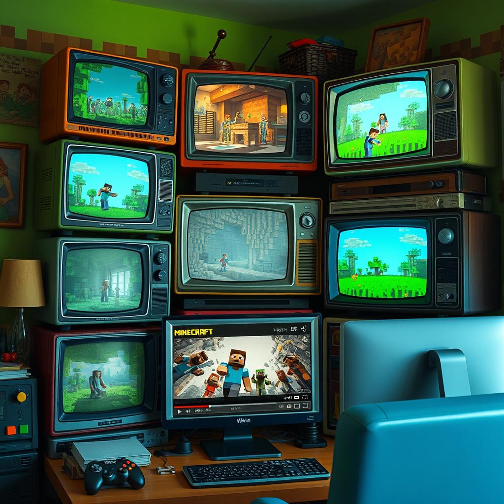 An imaginative scene featuring several vintage televisions stacked together, each displaying different scenes from a hypothetical 'Minecraft: The Movie'