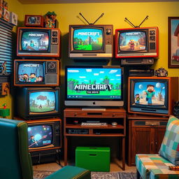 An imaginative scene featuring several vintage televisions stacked together, each displaying different scenes from a hypothetical 'Minecraft: The Movie'