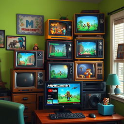 An imaginative scene featuring several vintage televisions stacked together, each displaying different scenes from a hypothetical 'Minecraft: The Movie'