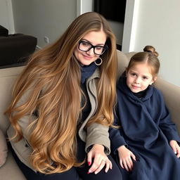 A mother with very long flowing hair, sitting on a couch, wearing a stylish jacket underneath a dark blue winter abaya, with sporty glasses and circle-shaped earrings