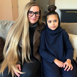 A mother with very long flowing hair, sitting on a couch, wearing a stylish jacket underneath a dark blue winter abaya, with sporty glasses and circle-shaped earrings