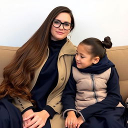 A mother with very long flowing hair, sitting on a couch, wearing a stylish jacket underneath a dark blue winter abaya, with sporty glasses and circle-shaped earrings