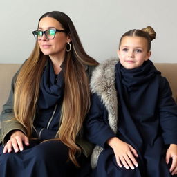 A mother with very long flowing hair, sitting on a couch, wearing a stylish jacket underneath a dark blue winter abaya, with sporty glasses and circle-shaped earrings