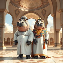 Two anthropomorphic hippos wearing traditional Muslim attire, one male and one female