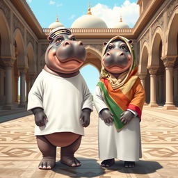 Two anthropomorphic hippos wearing traditional Muslim attire, one male and one female