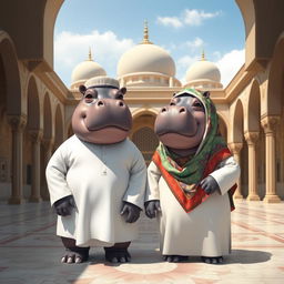 Two anthropomorphic hippos wearing traditional Muslim attire, one male and one female