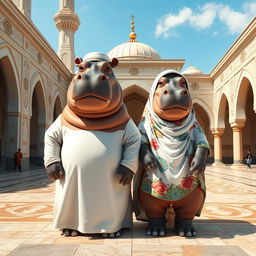 Two anthropomorphic hippos wearing traditional Muslim attire, one male and one female