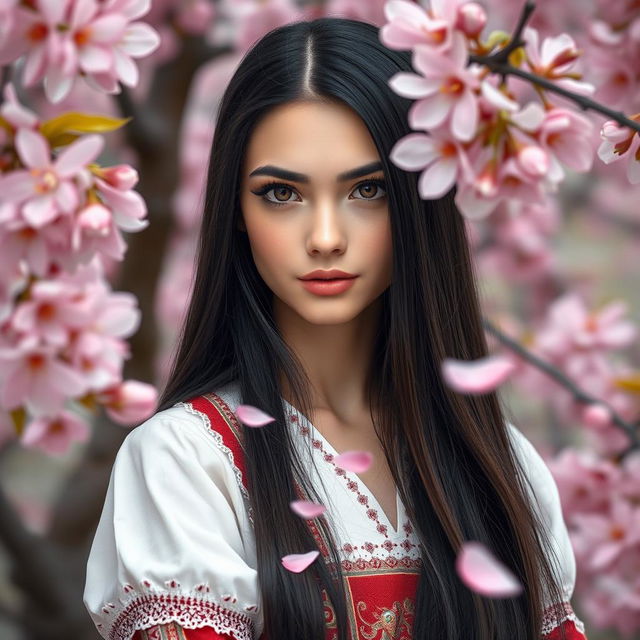 A beautiful Slavic girl with long black hair standing among sakura flowers