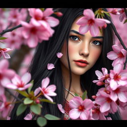 A beautiful Slavic girl with long black hair standing among sakura flowers