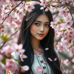 A beautiful Slavic girl with long black hair standing among sakura flowers