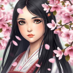 A beautiful Slavic girl with long black hair standing among sakura flowers