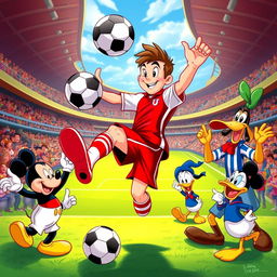 A soccer player skillfully juggling a ball on their foot, surrounded by beloved Disney characters like Mickey Mouse, Donald Duck, and Goofy, all cheering enthusiastically